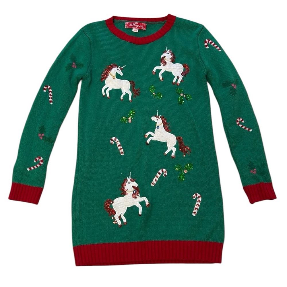 33 Degrees Girls Sequin Unicorns Ugly Christmas Sweater Tunic Candy Cane XL